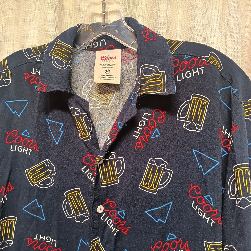 Coors Beer Men's‎ M Neon Sign Print Hawaiian Shirt Black Short Sleeve Rayon